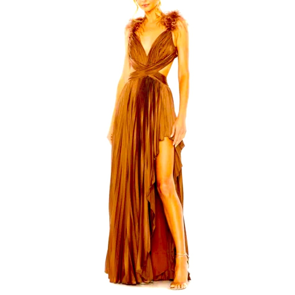 Pleated Feather Cap Sleeve Open Back Gown in Chocolate  sz 2